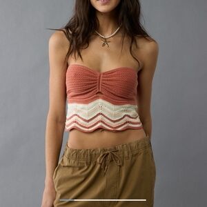 American Eagle Outfitters Coral and Cream Strapless Crop Top